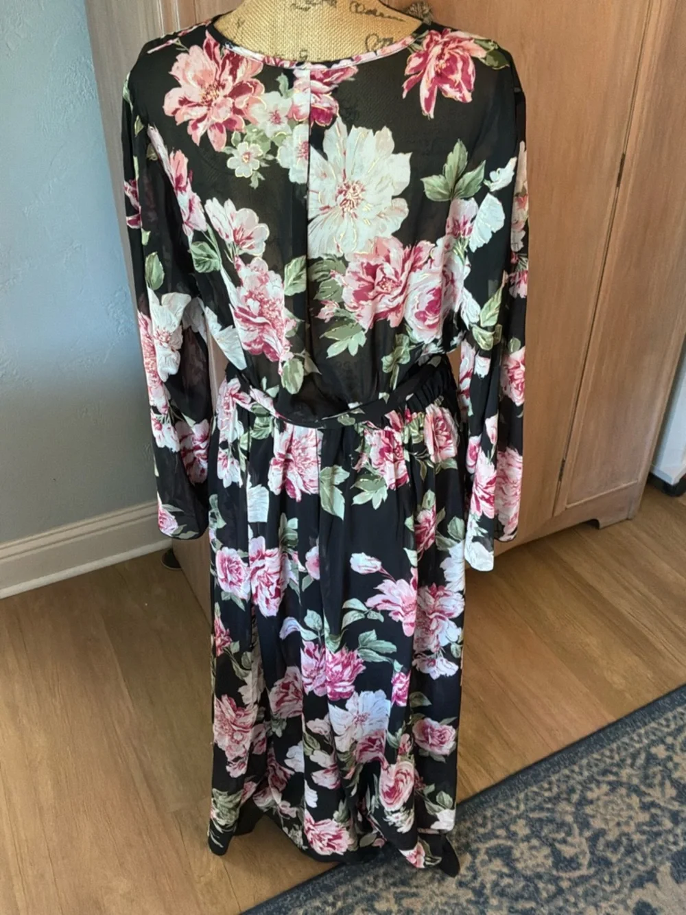 Alexa B Black black Floral Belted Maxi Dress wedding guest plus bell sleeve 16W